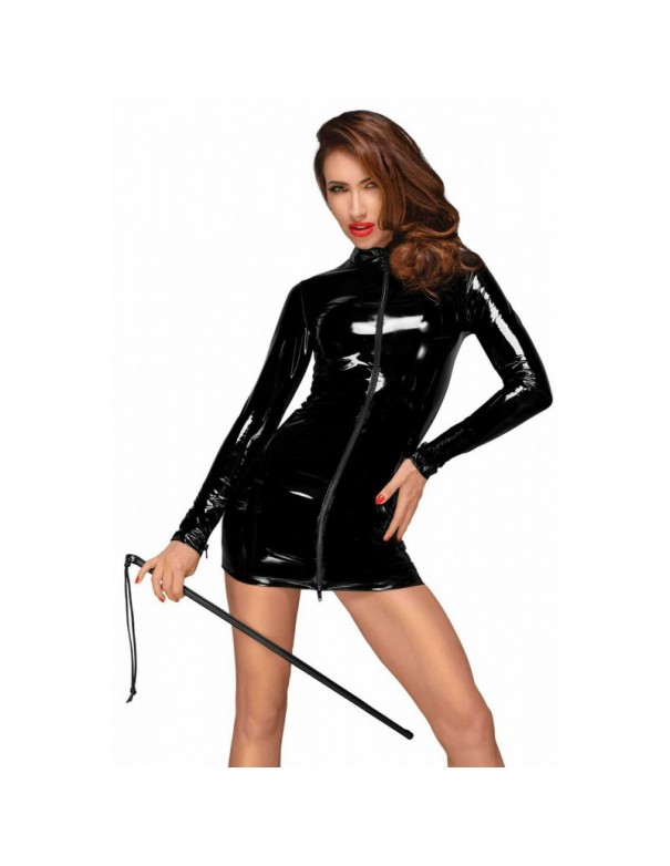 F187 Mini robe en PVC avec fermeture éclair noire à double sens sur le devant