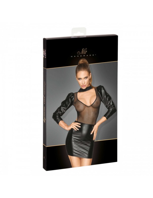 F201 Robe en Powerwetlook et tulle avec manches bouffantes