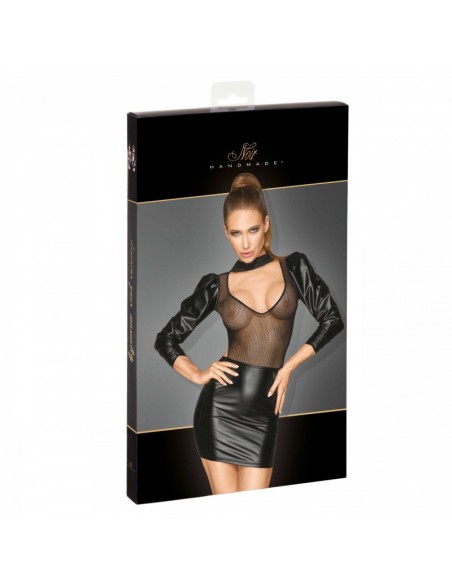 F201 Robe en Powerwetlook et tulle avec manches bouffantes