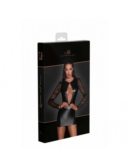 F253 Robe courte en Powerwetlook avec manches en dentelle
