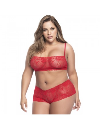 Ensemble lingerie, grande taille,  rouge top bustier et shorty dentelle   
