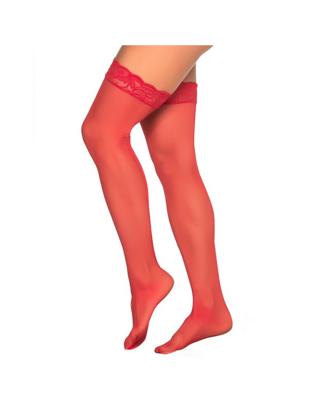 Bas nylon rouges autofixants jarretières dentelle 
