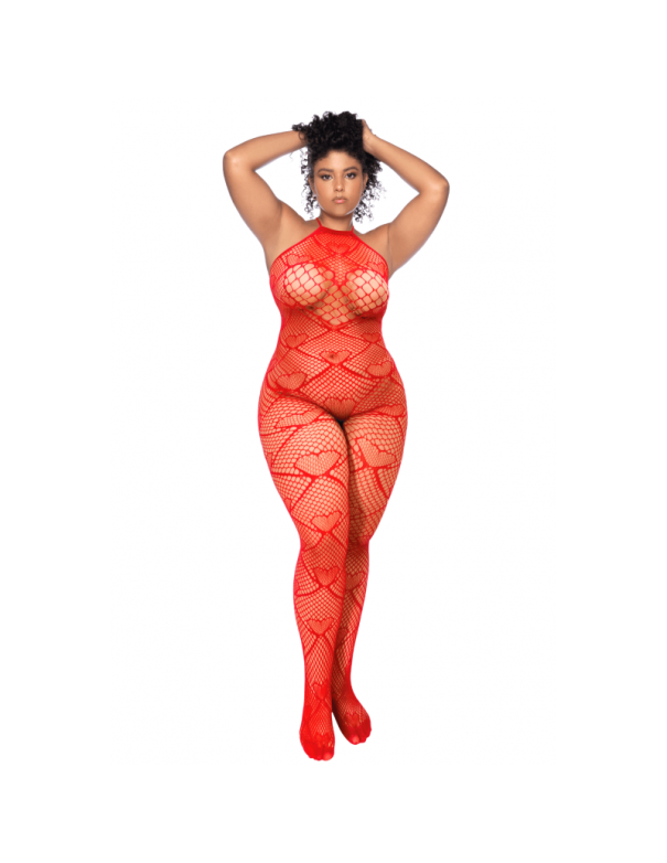 Bodystocking grande taille en résille rouge à motif cœur, orné de strass, ouvert à l’entrejambe - Mapalé