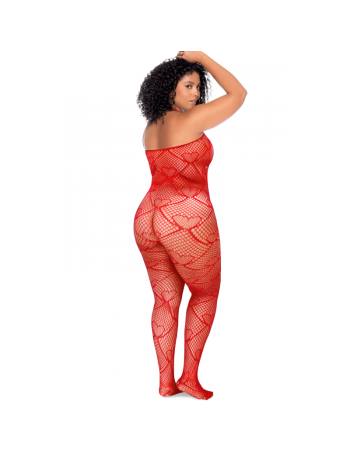 Bodystocking grande taille en résille rouge à motif cœur, orné de strass, ouvert à l’entrejambe - Mapalé 2
