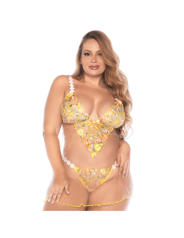 Nuisette grande taille transparente brodée jaune et string 