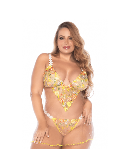 Nuisette grande taille transparente brodée jaune et string 