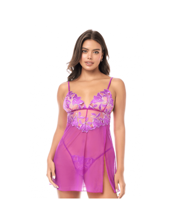 Babydoll sexy en résille brodée florale et string 