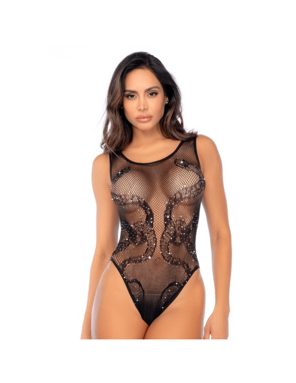 Body noir en résille motif serpent, orné de strass, ouvert à l’entrejambe - Mapalé