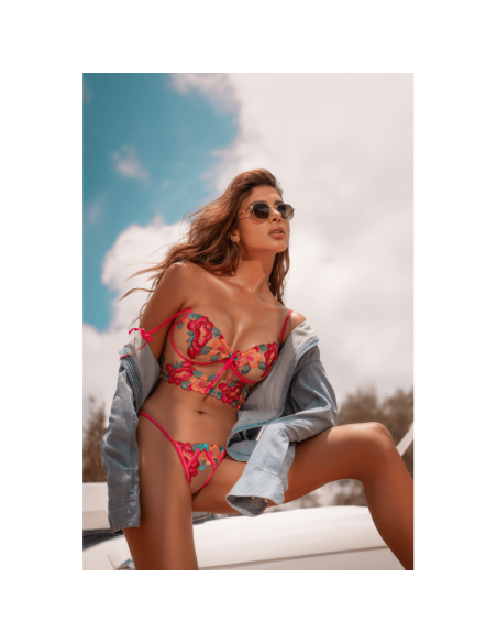 Ensemble 2 pièces brodé rose et bleu, bustier et string 