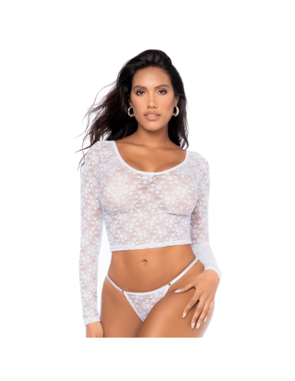 Ensemble 2 pièces en dentelle blanche, crop top et string 