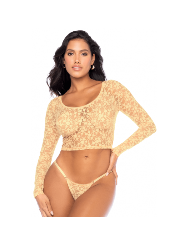 Ensemble 2 pièces en dentelle jaune pastel, crop top et string 