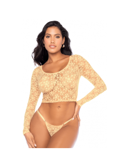 Ensemble 2 pièces en dentelle jaune pastel, crop top et string 