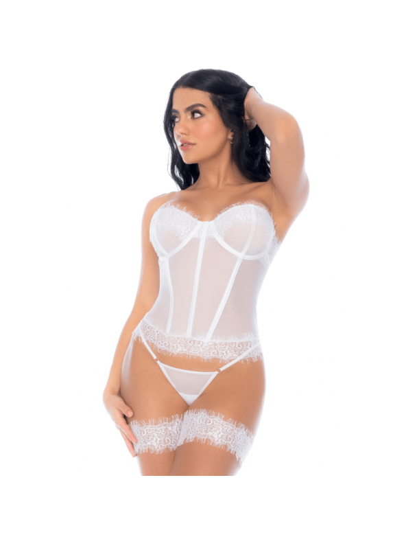 Ensemble 4 pièces blanc, bustier, string et 2 jarretières 