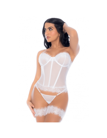 Ensemble 4 pièces blanc, bustier, string et 2 jarretières 