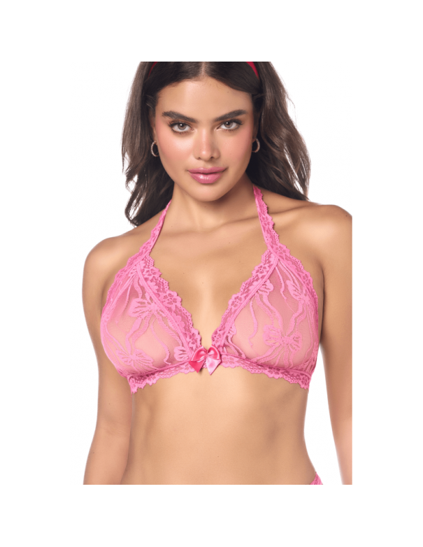 Ensemble sexy 2 pièces rose en dentelle délicate avec haut et string assorti 