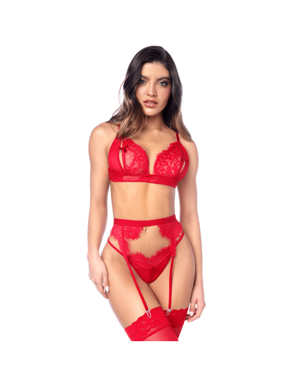 Ensemble sexy 3 pièces peek-a-boo en dentelle avec string et porte-jarretelles 