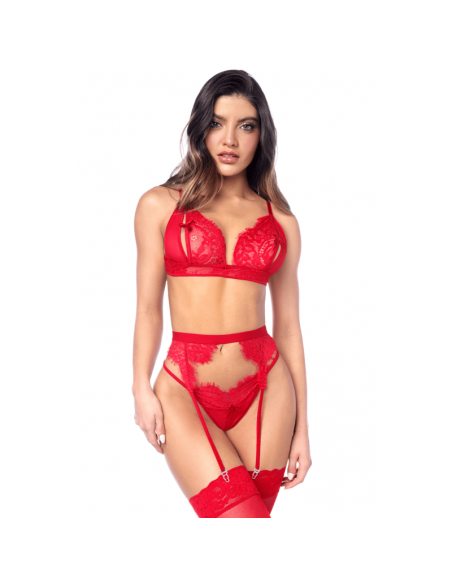 Ensemble sexy 3 pièces peek-a-boo en dentelle avec string et porte-jarretelles 