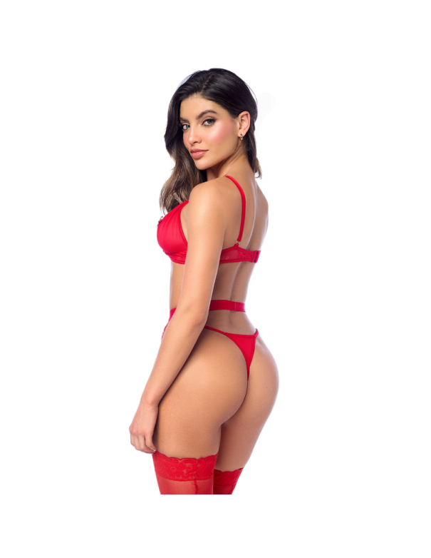 Ensemble sexy 3 pièces peek-a-boo en dentelle avec string et porte-jarretelles 