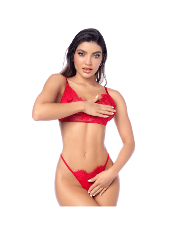Ensemble sexy 3 pièces peek-a-boo en dentelle avec string et porte-jarretelles 
