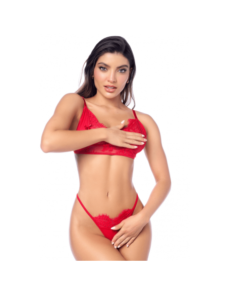 Ensemble sexy 3 pièces peek-a-boo en dentelle avec string et porte-jarretelles 