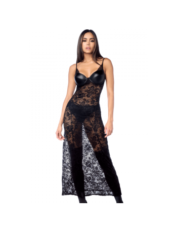 Robe longue sexy en dentelle  cuir avec string et porte-jarretelles 