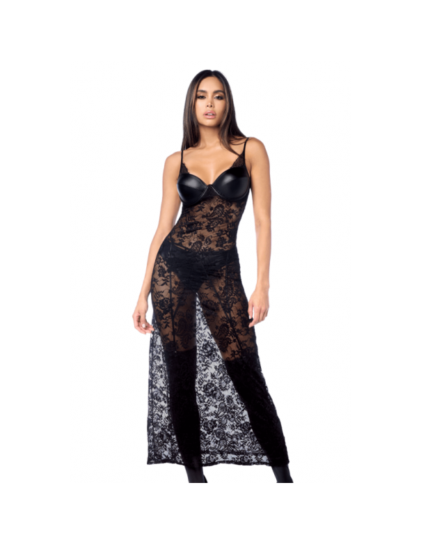 Robe longue sexy en dentelle  cuir avec string et porte-jarretelles 