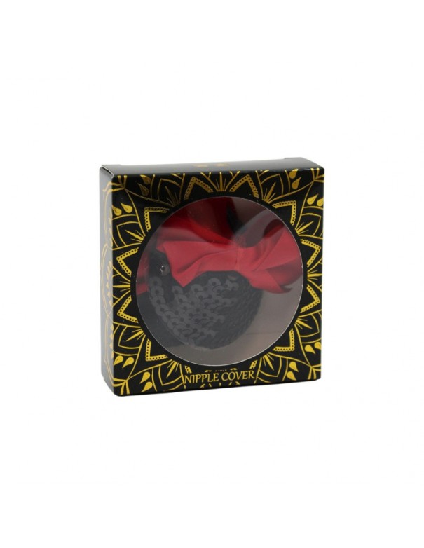 Paire de cache tétons adhésifs noir avec nœud papillon rouge 