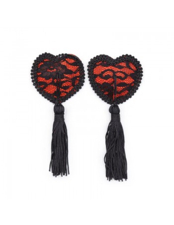 Paire de cache tétons adhésifs en forme de cœur avec dentelle noire et pompom 
