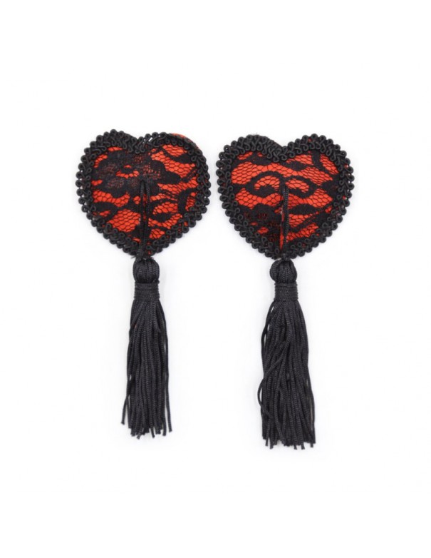 Paire de cache tétons adhésifs en forme de cœur avec dentelle noire et pompom 