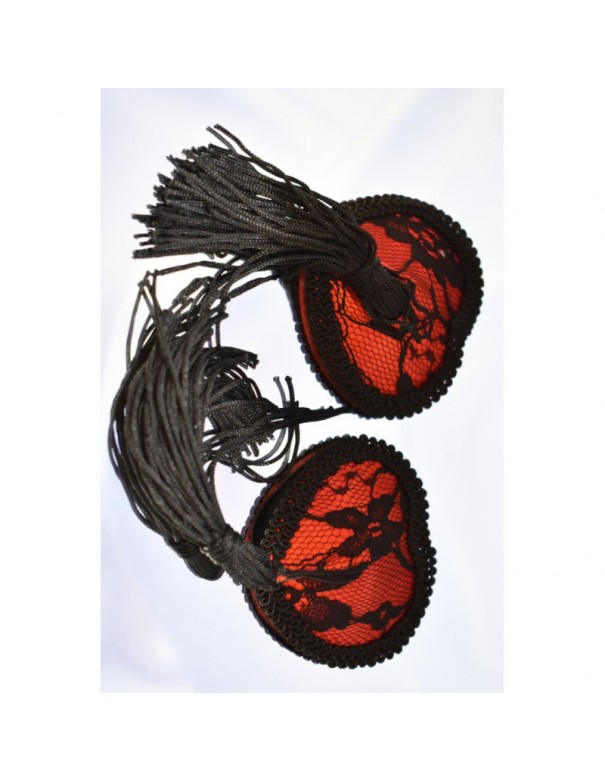 Paire de cache tétons adhésifs en forme de cœur avec dentelle noire et pompom 