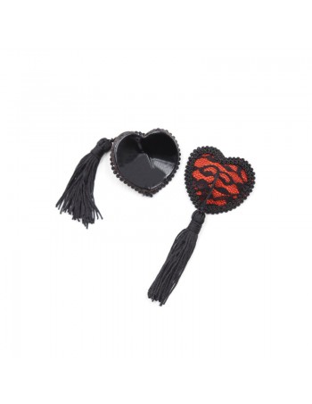 Paire de cache tétons adhésifs en forme de cœur avec dentelle noire et pompom  2