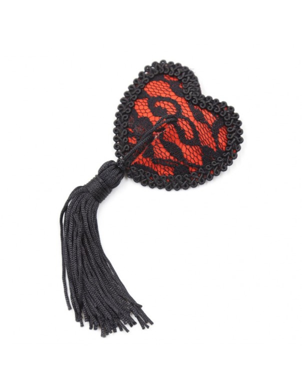 Paire de cache tétons adhésifs en forme de cœur avec dentelle noire et pompom 