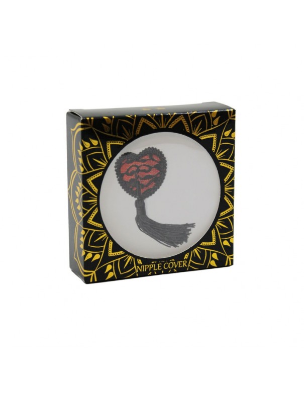 Paire de cache tétons adhésifs en forme de cœur avec dentelle noire et pompom 