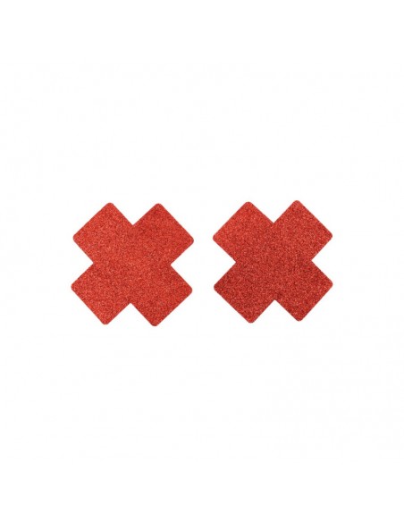 Paire de cache tétons adhésifs croix pailletée rouge 