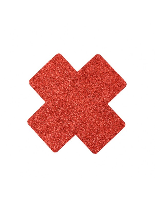 Paire de cache tétons adhésifs croix pailletée rouge 