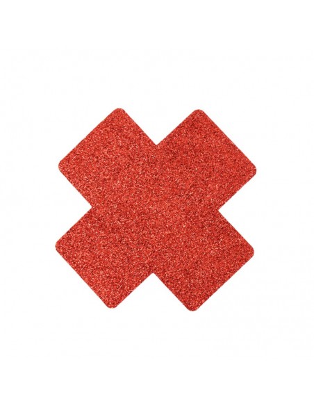 Paire de cache tétons adhésifs croix pailletée rouge 