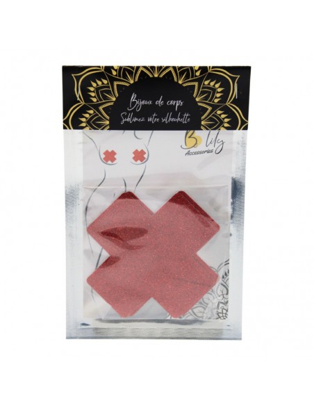 Paire de cache tétons adhésifs croix pailletée rouge 