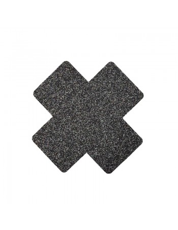 Paire de cache tétons adhésifs croix pailletée noir  2