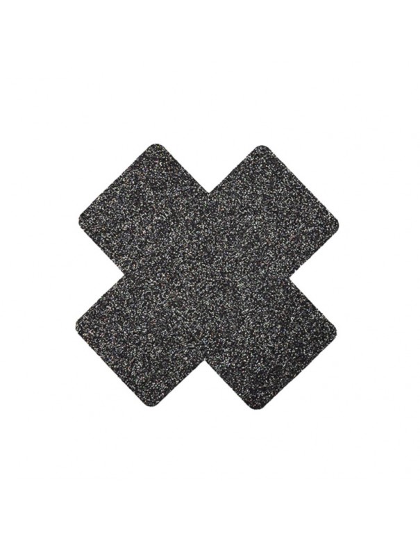 Paire de cache tétons adhésifs croix pailletée noir 