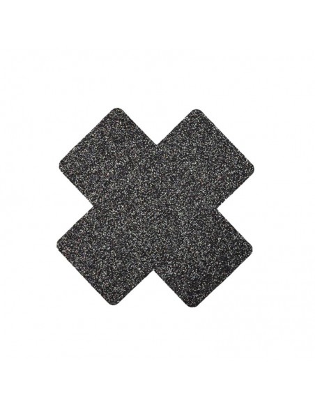 Paire de cache tétons adhésifs croix pailletée noir 