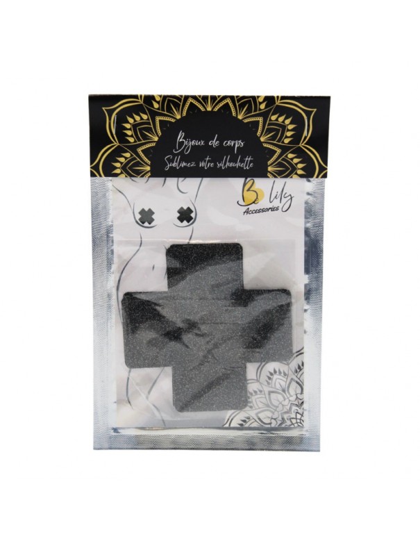 Paire de cache tétons adhésifs croix pailletée noir 