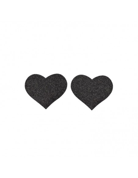 Paire de cache tétons adhésifs coeur pailleté noir 