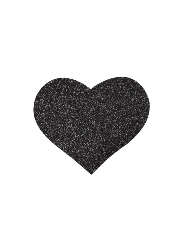 Paire de cache tétons adhésifs coeur pailleté noir 