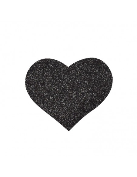 Paire de cache tétons adhésifs coeur pailleté noir 