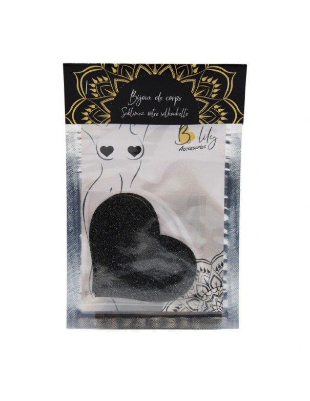 Paire de cache tétons adhésifs coeur pailleté noir 