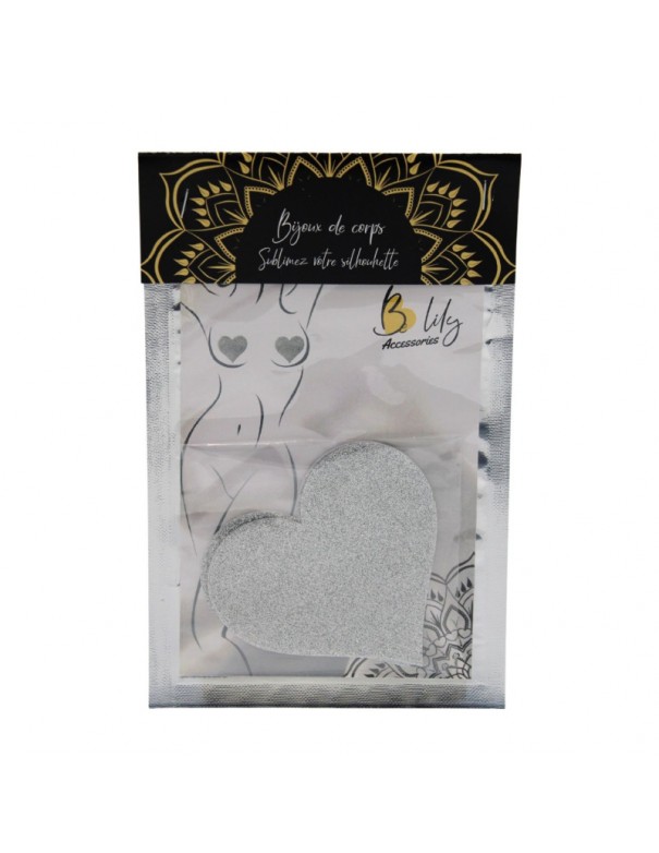 Paire de cache tétons adhésifs cœur pailleté blanc 