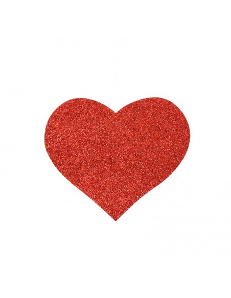 Paire de cache tétons adhésifs coeur pailleté rouge 