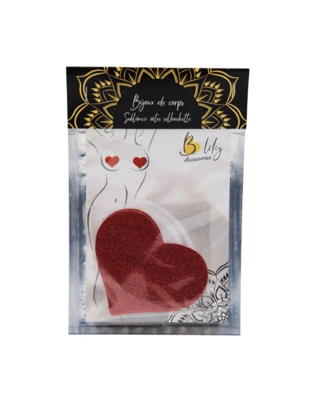 Paire de cache tétons adhésifs coeur pailleté rouge 