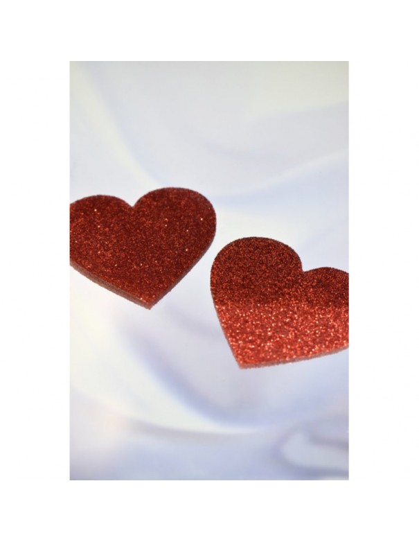 Paire de cache tétons adhésifs coeur pailleté rouge 
