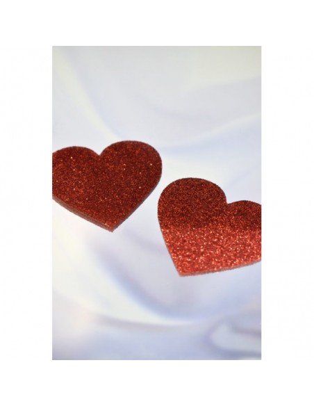 Paire de cache tétons adhésifs coeur pailleté rouge 